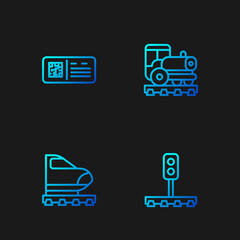 Set line Train traffic light, High-speed train, QR code ticket and Vintage locomotive. Gradient color icons. Vector