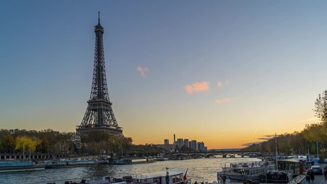 Blue Hour in Paris With Tourists Cruises on the Seine River and Eiffel Tower 