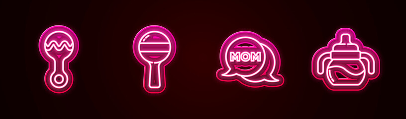Set line Rattle baby toy, , Speech bubble mom and Baby bottle. Glowing neon icon. Vector