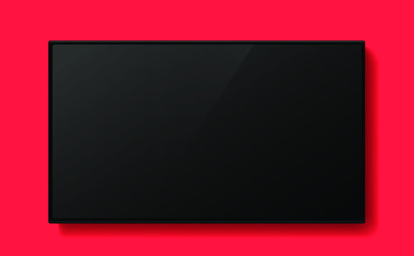 Realistic black television screen on red background. 3d blank TV led monitor vector design.