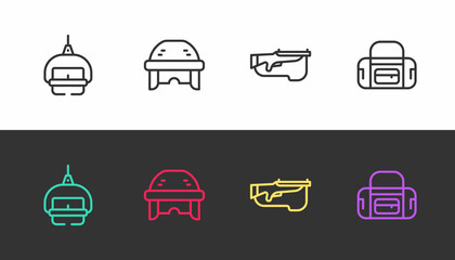 Set line Ski lift, Hockey helmet, Biathlon rifle and Sport bag on black and white. Vector