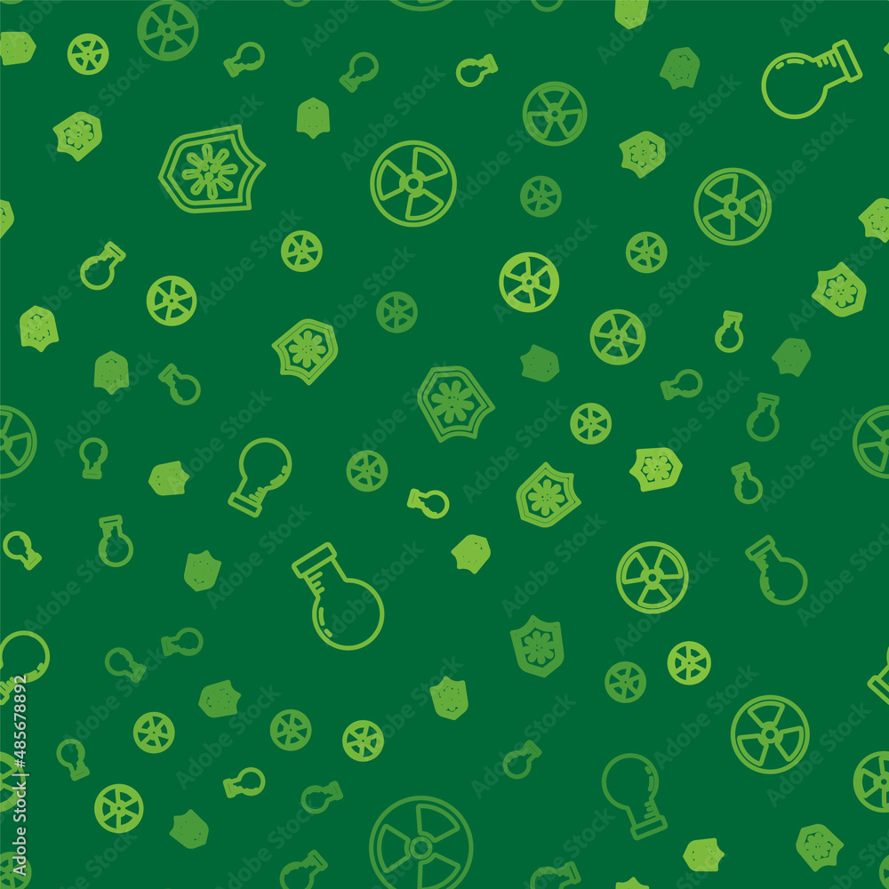 Poster set line shield protecting from virus, test tube and flask and radioactive on seamless pattern. vect