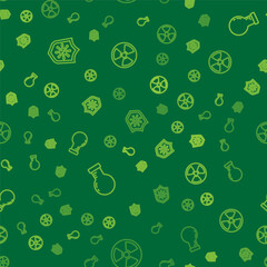 Set line Shield protecting from virus, Test tube and flask and Radioactive on seamless pattern. Vector
