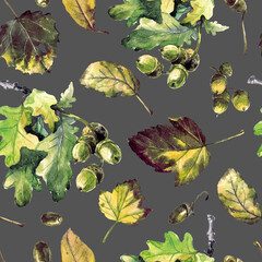 Acorns on an autumn oak branch, autumn leaves, seamless watercolor pattern. - 485679281