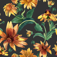 Watercolor seamless pattern with summer flowers. Large rudbeckia flowers, elegant pattern. - 485679284