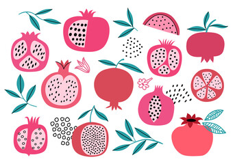 Pomegranate whole and cut hand drawn vector set. Pomegranate fruit with seeds art