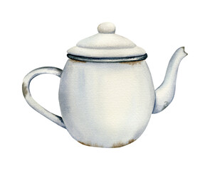 Watercolor rusty enamelware, vintage green pot, hand drawn illustration isolated on white background. 