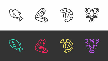 Set line Tropical fish, Mussel, Shrimp and Lobster on black and white. Vector