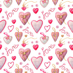 Watercolor seamless pattern of handmade hearts. Seamless pattern for wedding or Valentine's day. - 485680476