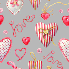 Watercolor seamless pattern of handmade hearts. Seamless pattern for wedding or Valentine's day. - 485680484