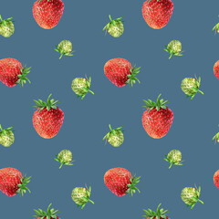 Watercolor seamless strawberry pattern. Strawberry garden, botanical illustration, pattern of bushes and berries. - 485680485