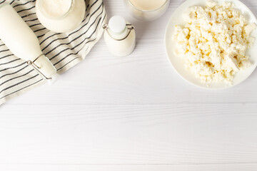 Different types of dairy products. dairy products on white table