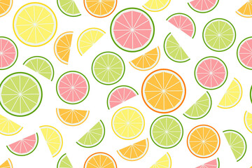 citrus fruit slices vector pattern on white background, seamless summer decor - obrazy, fototapety, plakaty