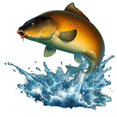 Common Carp fish (koi) jumping out of the water illustration isolate realism. Fish jumps out of the water.
