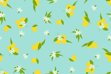 Lemon fruits on blue background, , citrus fruits, leaves and blossoms, vector seamless pattern