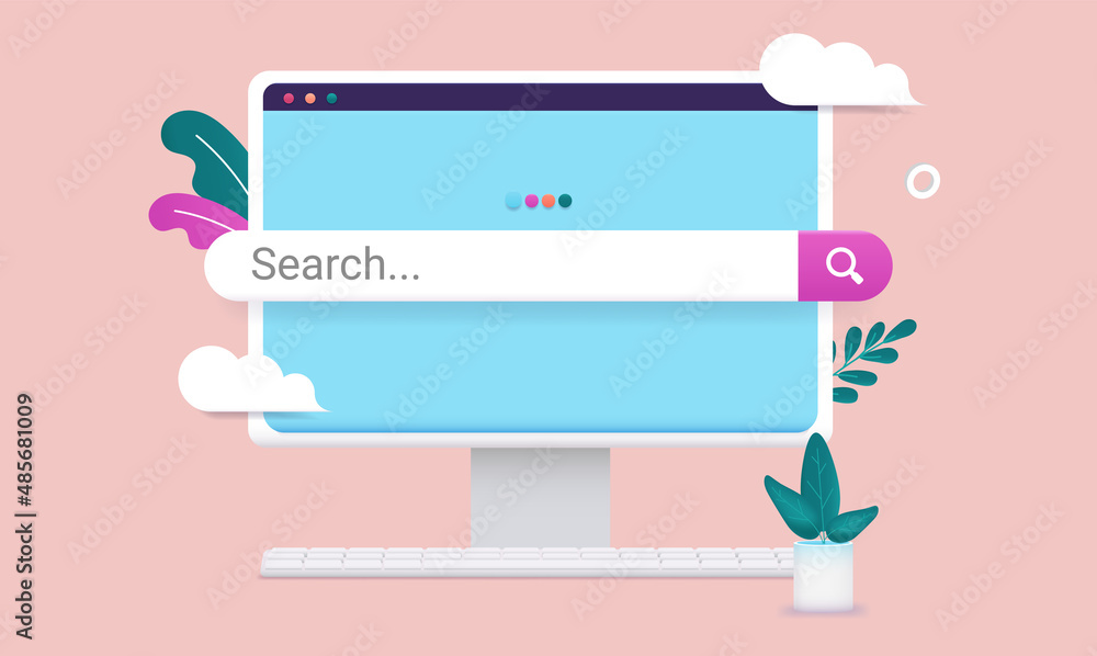 Aufkleber search bar on computer screen - desktop pc with blue internet search page and decorative design elem