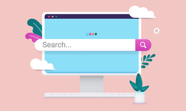 Search bar on computer screen - Desktop pc with blue internet search page and decorative design elements. Vector illustration
