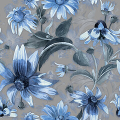Watercolor seamless pattern with summer flowers. Large rudbeckia flowers, elegant pattern. - 485681413