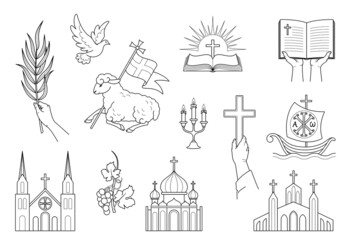 Religious Christian signs and symbols. Set icons Church,  flying pigeon, cross, open bible and ship. Lamb is a symbol of Christ's sacrifice. Hands holding bible, cross, palm branch. Isolation. Vector - 485681435