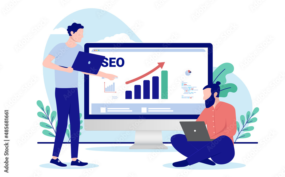 Leinwandbilder SEO work - Two people working with Search engine optimisation in front of computer screen with rising graph. Flat design vector illustration with white background