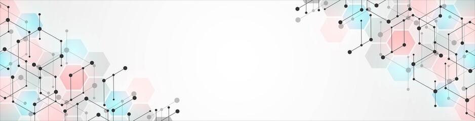 Neon glow geometric background frame. Vector design of hexagons, honeycombs, cells. The texture of a broken connection network, circles, dots. Banner for technology, medicine, websites.