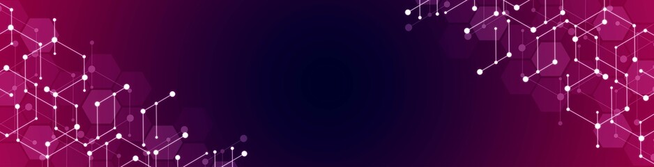 Neon geometric background frame. Vector design of hexagons, honeycombs, cells. The texture of a broken connection network, circles, dots. Banner for technology, medicine, websites.