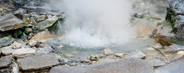 Panoramic Photo of Bubbling Hot Pool Geyser at Tangkuban Perahu Volcano, Bandung, Java, Indonesia, Asia