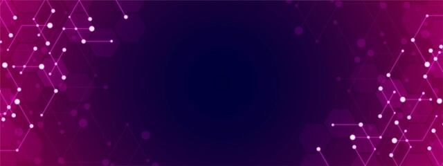 Obraz premium Neon geometric background frame. Vector design of hexagons, honeycombs, cells. The texture of a broken connection network, circles, dots. Banner for technology, medicine, websites.