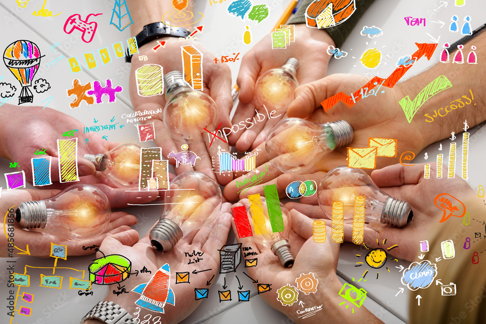 Poster teamwork and brainstorming concept with businessmen that share an idea with a lamp