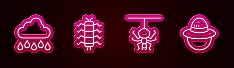 Set line Cloud with rain, Centipede insect, Spider and Camping hat. Glowing neon icon. Vector