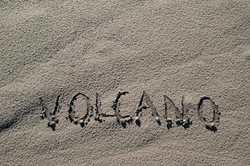 The Word Volcano Written in Ash at Mount Bromo, Bromo Tengger Semeru National Park, East Java Indonesia, Asia
