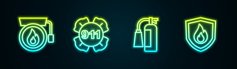 Obraz premium Set line Ringing alarm bell, Emergency call 911, Fire extinguisher and protection shield. Glowing neon icon. Vector