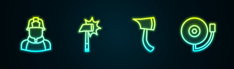 Set line Firefighter, axe, and Ringing alarm bell. Glowing neon icon. Vector