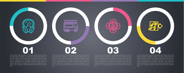 Set line Gas mask, Fire truck, Firefighter and exit. Business infographic template. Vector