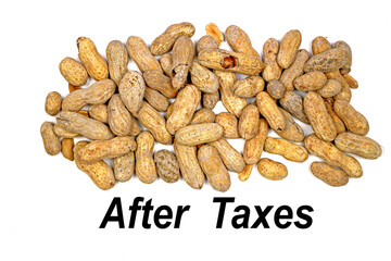 After Taxes Nothing Left But Peanuts. Comparing lack of money to "After Taxes" spelled out in text with copy space below. Isolated on white