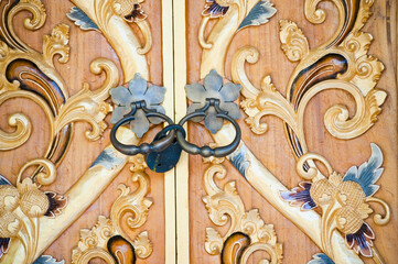 Pura Tirta Empul Temple, close up photo of beautiful detail on gold Balinese doors, Bali, Indonesia, Southeast Asia, Asia, Asia, background with copy space