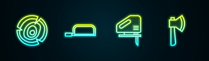 Set line Wooden logs, Hacksaw, Electric jigsaw and axe. Glowing neon icon. Vector