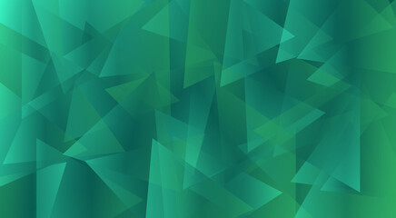 Abstract background, graphic wallpaper in the form of randomly scattered triangles that overlap each other. Shades of green.