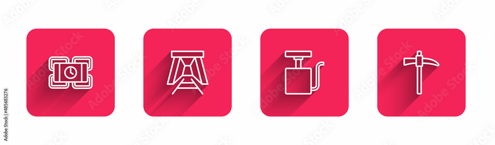 Poster set line dynamite, mine entrance, handle detonator and pickaxe with long shadow. red square button. 