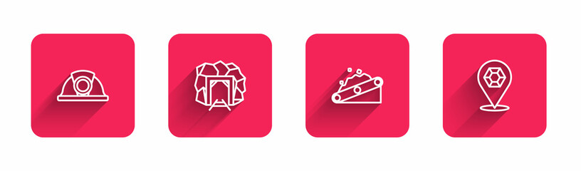 Set line Miner helmet, entrance, Conveyor belt carrying coal and Gem stone with long shadow. Red square button. Vector