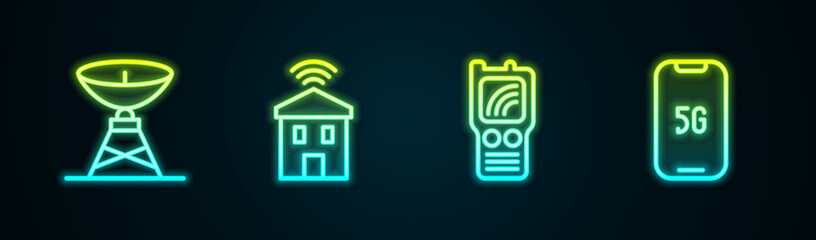 Set line Satellite dish, Smart home with wi-fi, Walkie talkie and Mobile 5G. Glowing neon icon. Vector