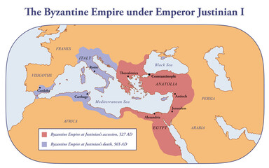 The Byzantine empire under Emperor Justinian I, before his accession and after his death