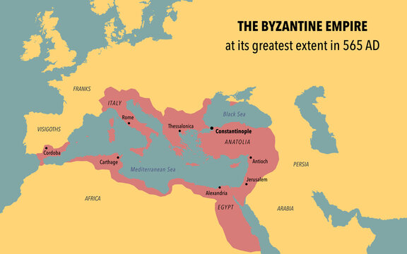Map of Byzantine Empire at its greatest extent in 565 AD