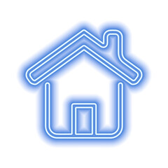 Blue neon house with door, roof and chimney isolated on white