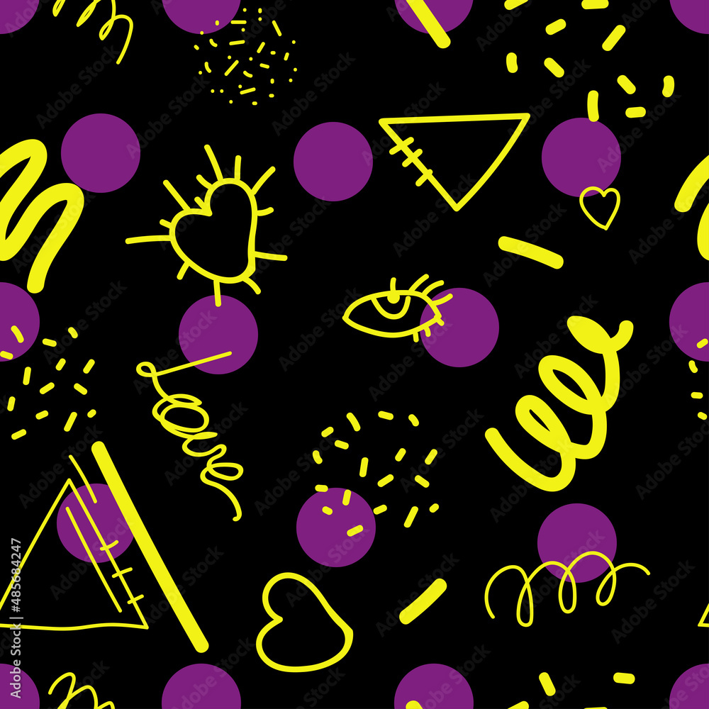 Poster doodle seamless pattern with polka dots for decorative design.fabric seamless pattern. seamless text
