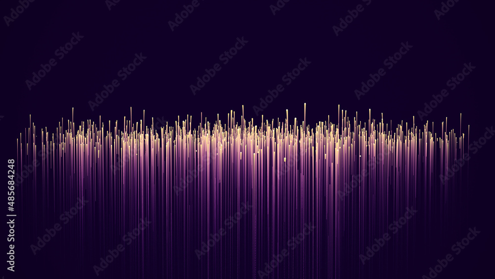 Poster Glowing falling gradient lines. Yellow and purple streams. Geometric visual optic technology, speed concept. Abstract big data scientific background. 3d rendering.