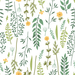 Beautiful watercolor wild field flowers seamless pattern. Floral repeat print background with colorful herbs and flowers. Vector illustration