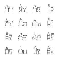 Alcohol drinks. Bottles and glasses line icons.