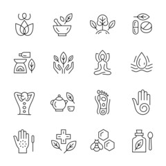 Alternative medicine, naturopathy, yoga and spa line icons