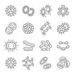 Bacteria and viruses cells microscopic view line icons